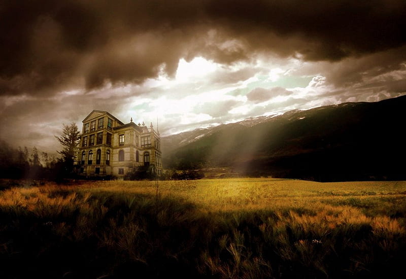 Ghosts In The Attic, house, halloween, haunted, sky, horror, clouds, ghosts, light rays, field, HD wallpaper
