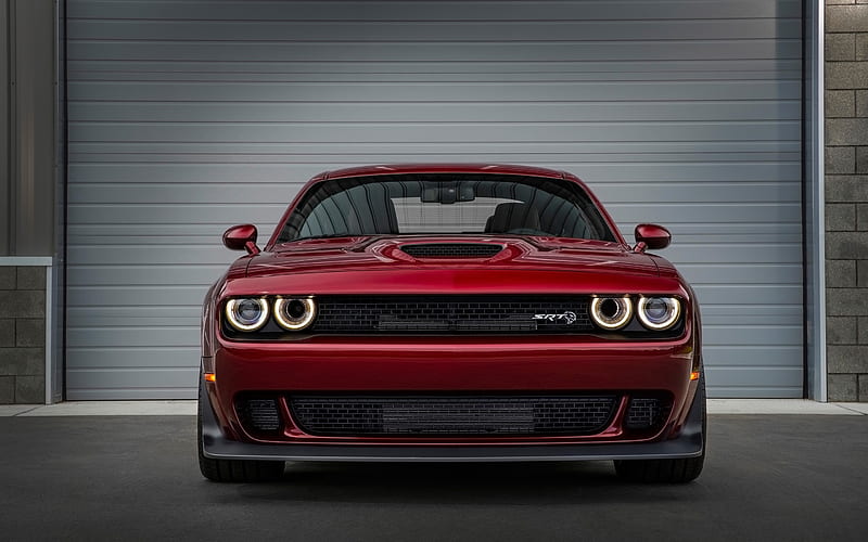 Dodge Challenger SRT Hellcat, front view, 2018 cars, supercars, motion blur, maroon Challenger, tuning, Dodge, HD wallpaper