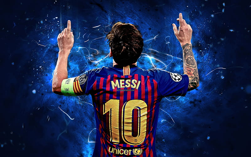 Messi, back view, argentinian footballers, joy, Barcelona FC, La Liga, Lionel Messi, Barca, football stars, Leo Messi, neon lights, soccer, LaLiga, HD wallpaper