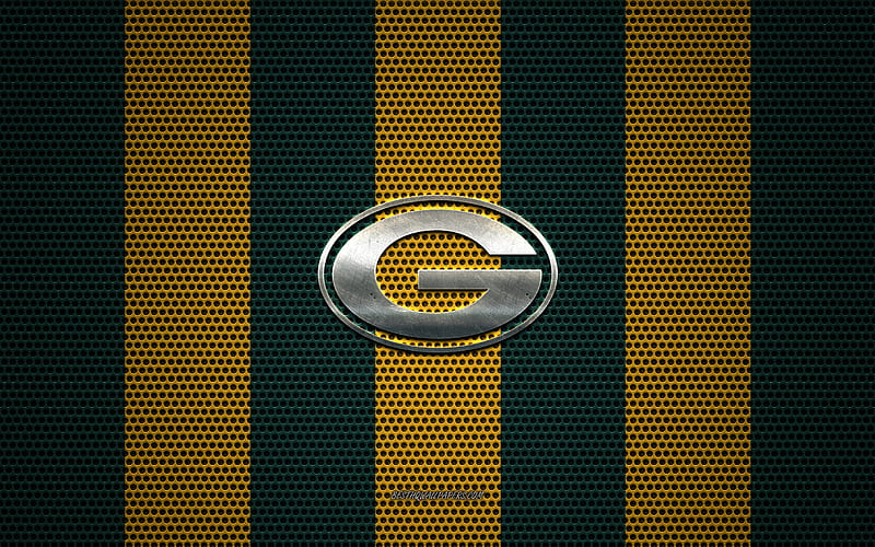 Green Bay Packers logo, American football club, metal emblem, green-yellow metal mesh background, Green Bay Packers, NFL, Green Bay, Wisconsin, USA, american football, HD wallpaper
