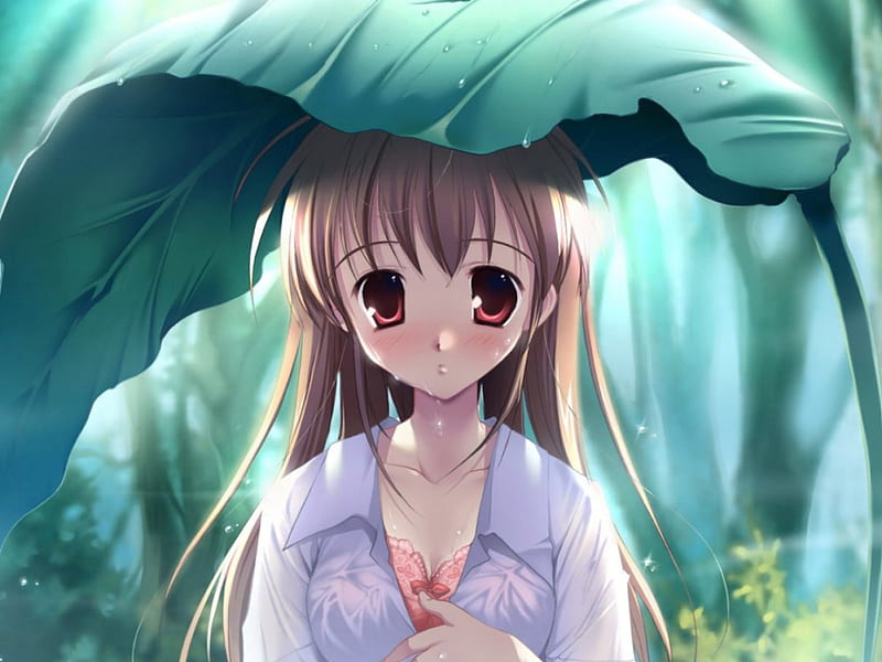 keeping dry, nature, girl, anime, leaf, HD wallpaper