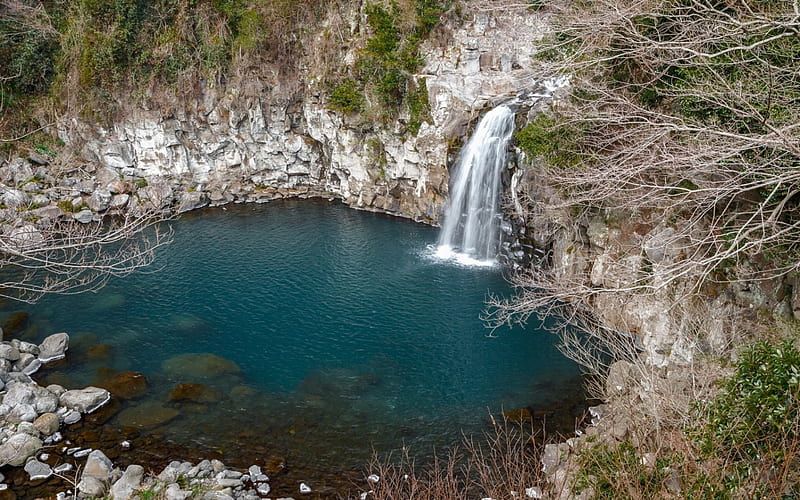 Waterfall Into a Swimming Hole, pond, rocks, waterfall, nature, HD wallpaper