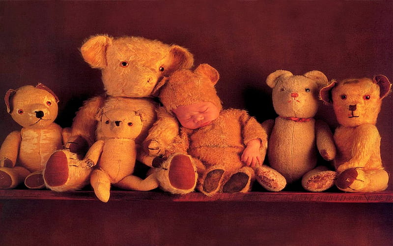 Boy and teddy bear, boy, sleep, teddy, toy, teddy bear, anne geddes, HD wallpaper