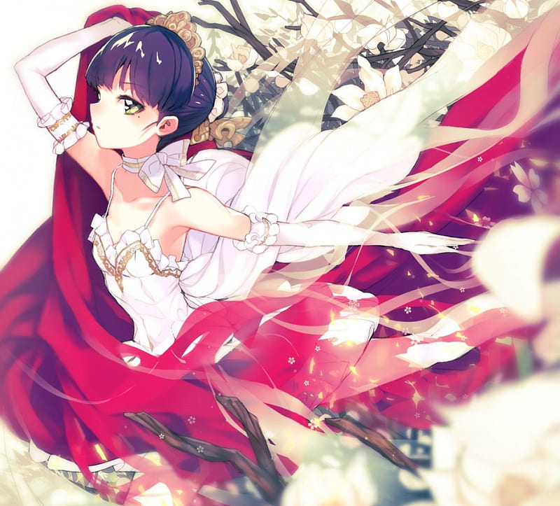 White Swan, red, dress, glow, shine, bonito, woman, cherry blossom, dancer, gold, anime, flowers, beauty, feathers, art, female, wings, lovely, golden, black, sparkles, cute, tree, girl, crown, lady, white, HD wallpaper