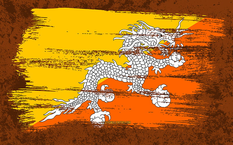 Flag of Bhutan, grunge flags, Asian countries, national symbols, brush stroke, grunge art, Bhutan flag, Asia, Bhutan, HD wallpaper