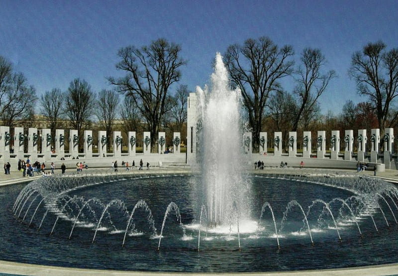 World War ll Memorial, Washington D.C., fountain, water, monument, trees, HD wallpaper
