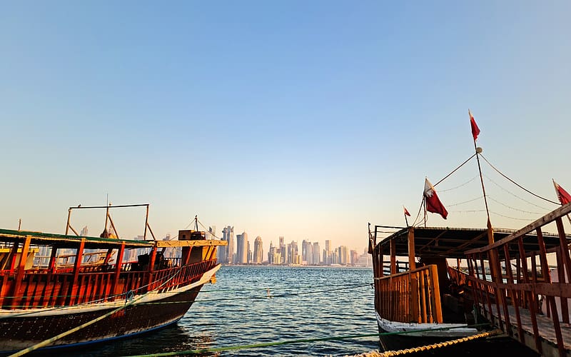 Boat City Skyline Corniche Doha Qatar, HD wallpaper