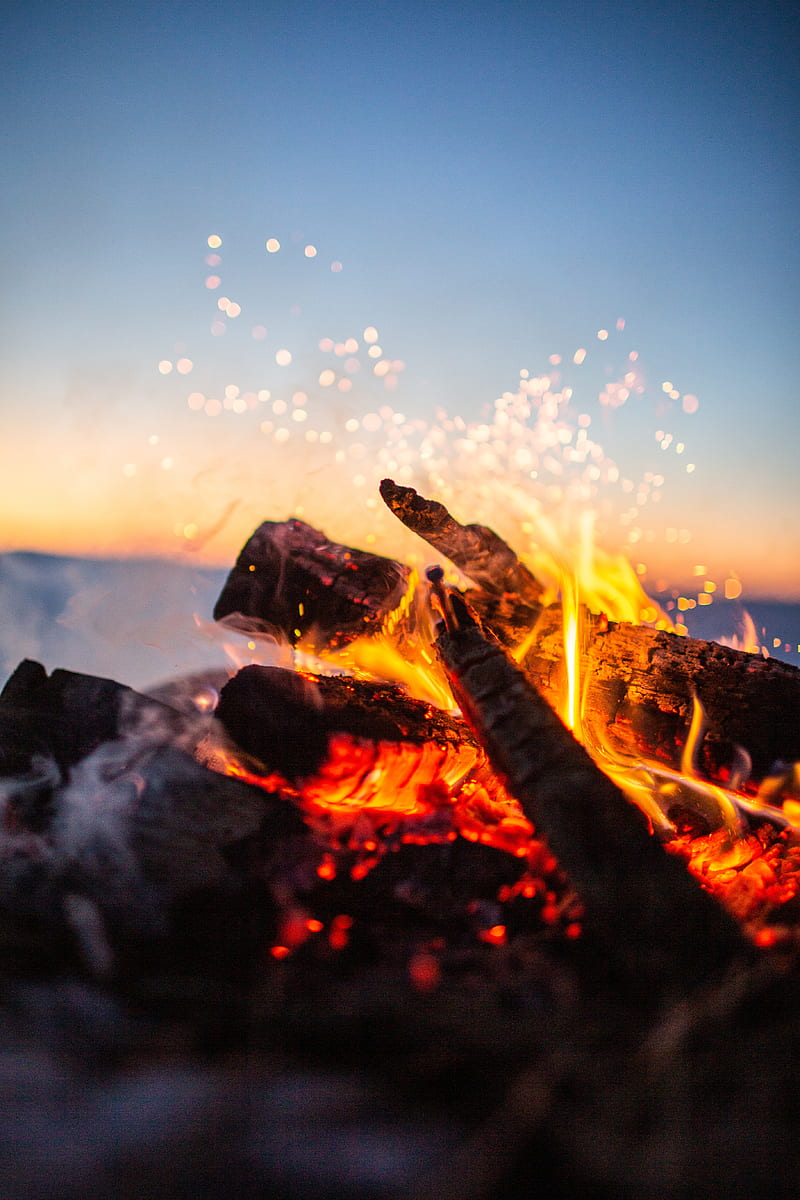 bonfire, fire, sparks, firewood, blur, camping, HD phone wallpaper