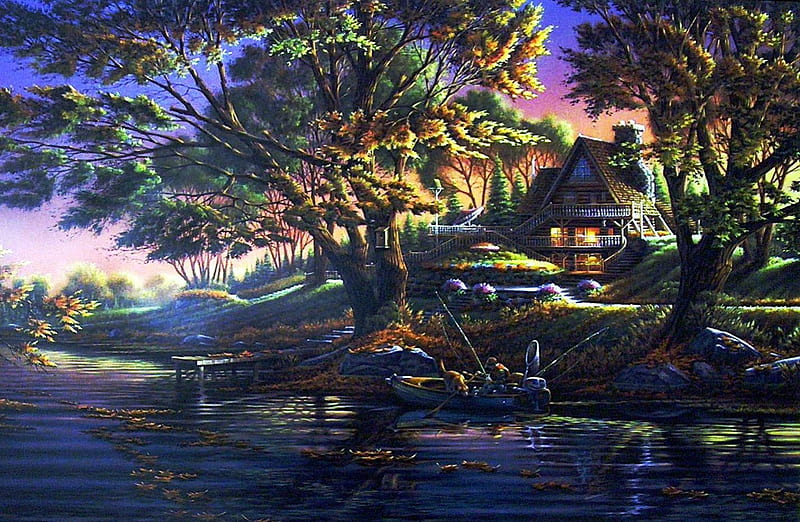 Fishing Trip, house, boat, painting, nature, river, trees, HD wallpaper