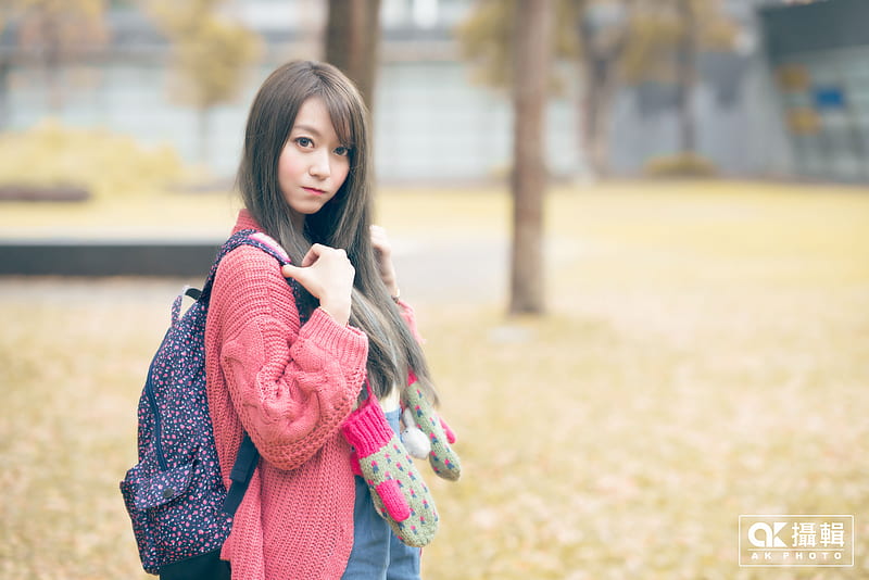 asian girl, cute, long hair, backpack, graphy, sweater, Girls, HD wallpaper