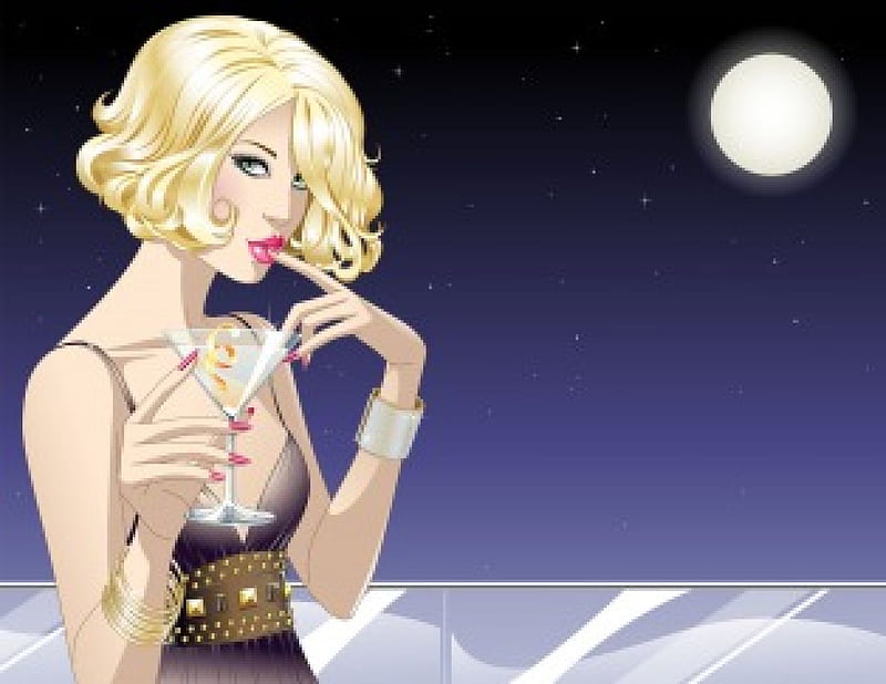 Martini Girl, bracelet, stars, blond, jewellery, glass, moon, girl, belt, martini, night, HD wallpaper