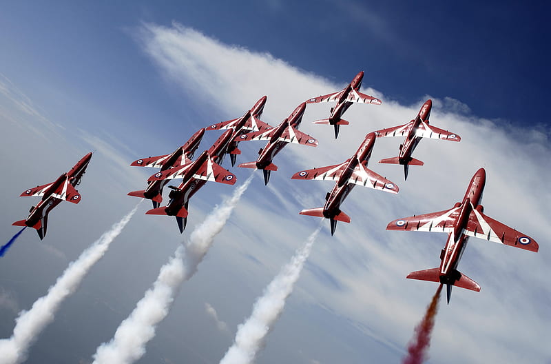 Red Arrows, red, raf, aerobatic, formation, force, uk, brittish, arrows, royal, plane, air, flying, hawk, bae, HD wallpaper