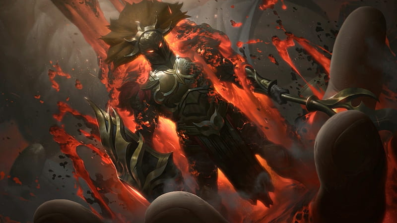 league of legends, pantheon skin, flames, armor, artwork, Games, HD wallpaper