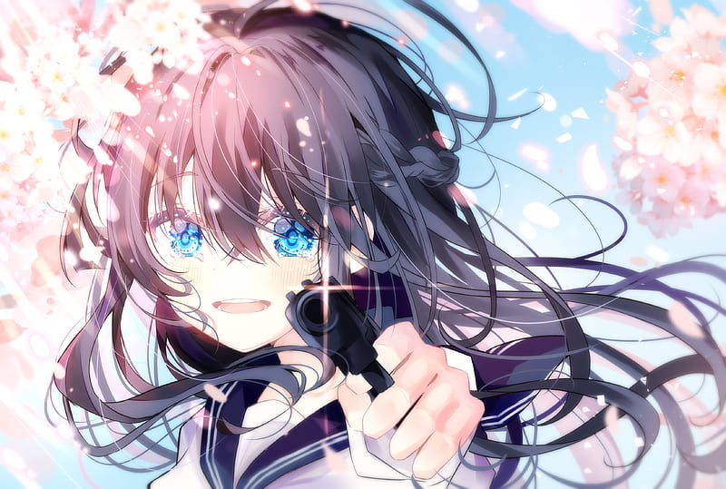 Anime, Original, Blue Eyes, Girl, Gun, Tears, HD wallpaper