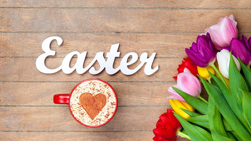 Eater With Coffe Cup And Tulip Flowers Easter, HD wallpaper