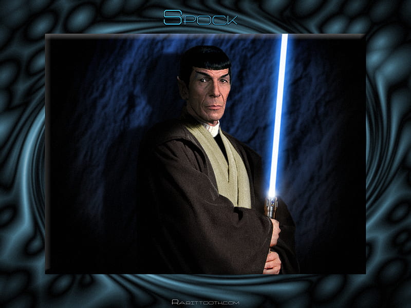 Spock with LightSaber, spock, star trek, starwars vs startrek, tv series, light saber, funny, leonard nimoy, HD wallpaper
