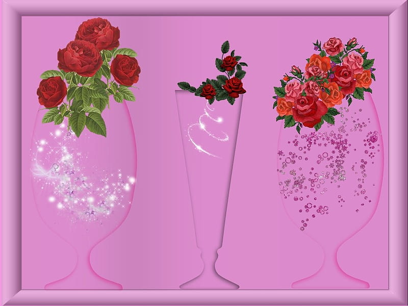 Crystal vases-Shadow Frame, desenho, red, crystal, pink, flowers, HD wallpaper