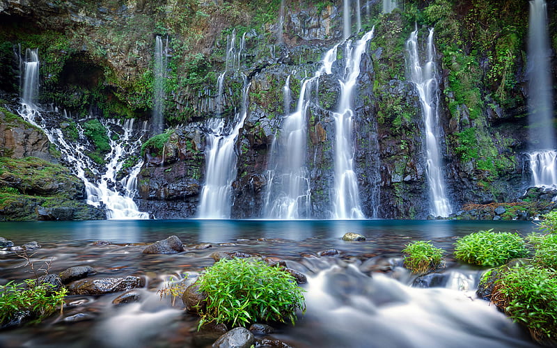 Reunion Waterfalls rock, lake, beautiful waterfall, Reunion Island, HD wallpaper