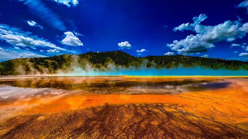 The Grand Prismatic Spring in Yellowstone National Park, Wyoming, usa, wyoming, clouds, landscape, trees, sky, HD wallpaper