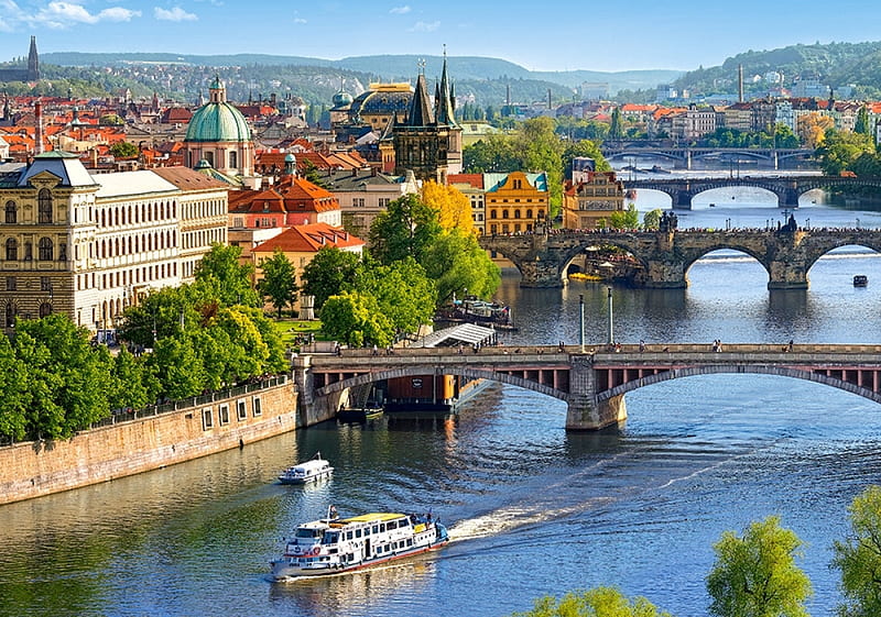 Bridges in Prague, buildingd, city, river, czech republic, landscape, HD wallpaper