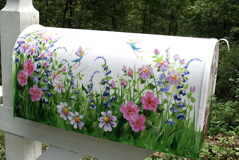Flower mailbox, flower, mailbox, white, wood, HD wallpaper