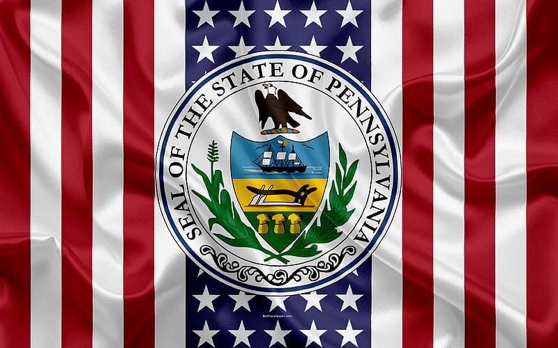 Pennsylvania, USA American state, Seal of Pennsylvania, silk texture, US states, emblem, states seal, American flag, HD wallpaper