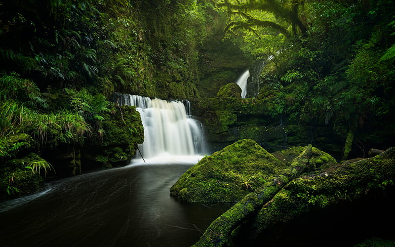 beautiful waterfall, Tautuku River, mountain river, Lower McLean Falls, cliffs, green moss, Catlins Forest Park, New Zealand, HD wallpaper