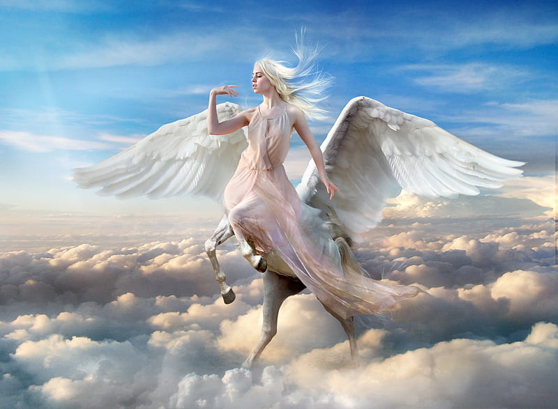 Winged centaur, feledby, wings, cloud, luminos, angel, blonde, sky, fantasy, girl, feather, white, centaur, blue, HD wallpaper