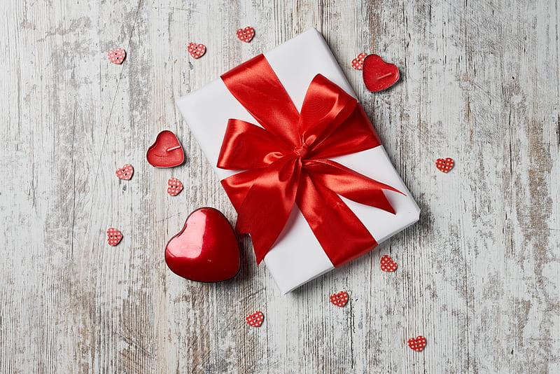 box, gift, ribbon, hearts, red, white, HD wallpaper