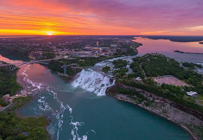 Niagara Falls, sun, usa, colors, river, sunset, sky, canada, HD wallpaper