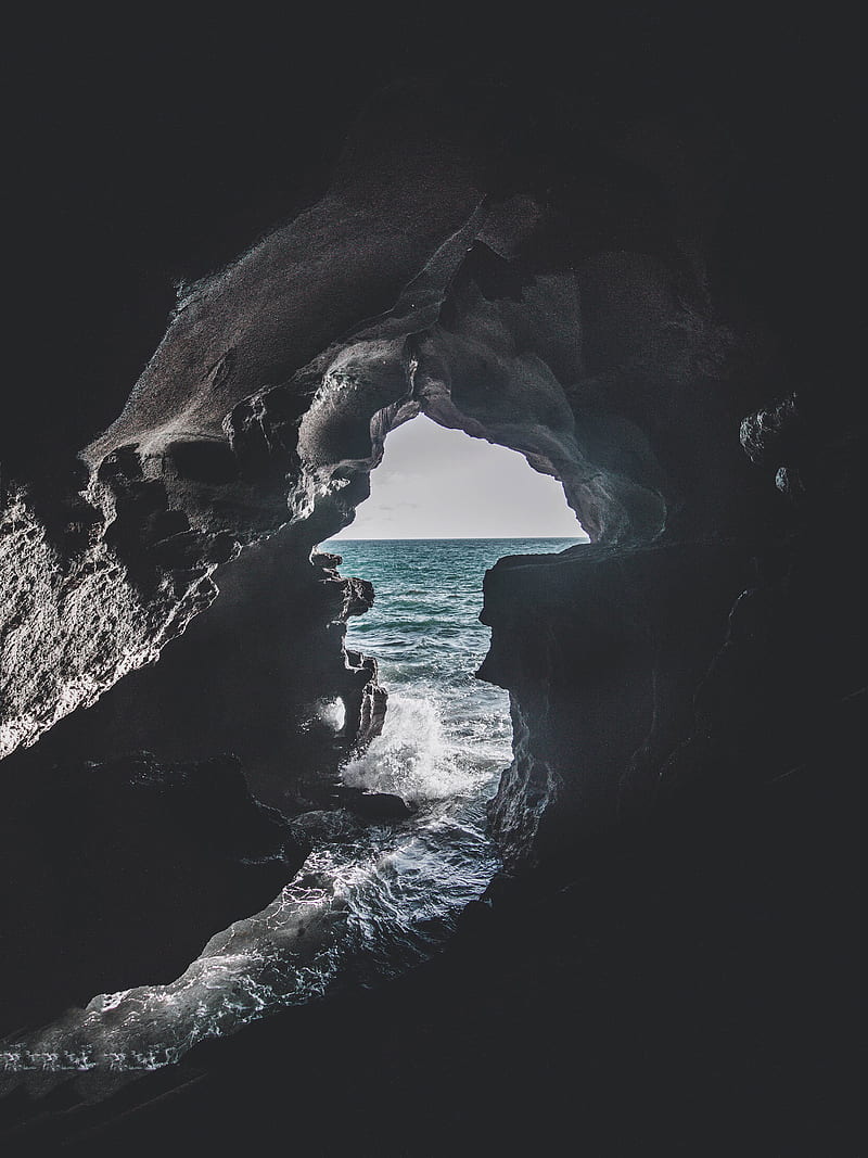 cave, sea, surf, stones, foam, HD phone wallpaper