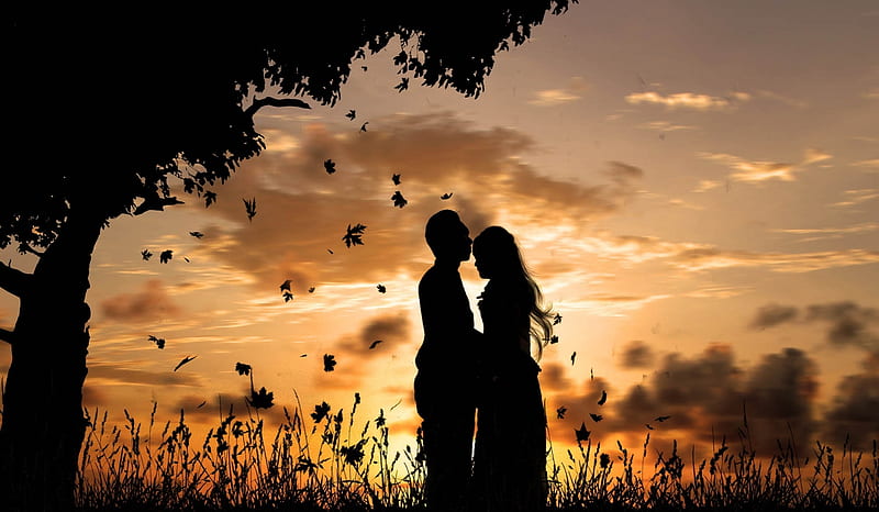 :-), lovers, tree, cloud, orange, black, silhouette, couple, leaf, HD wallpaper