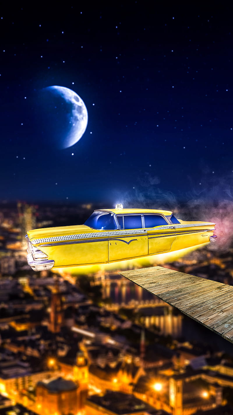The Future Taxi, taxi, night, travel, future, light, erikhalilaj, moon, stars, yellow, HD phone wallpaper