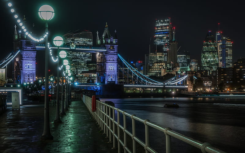 Tower Bridge, London, evening, city lights, Thames, England, UK, HD wallpaper