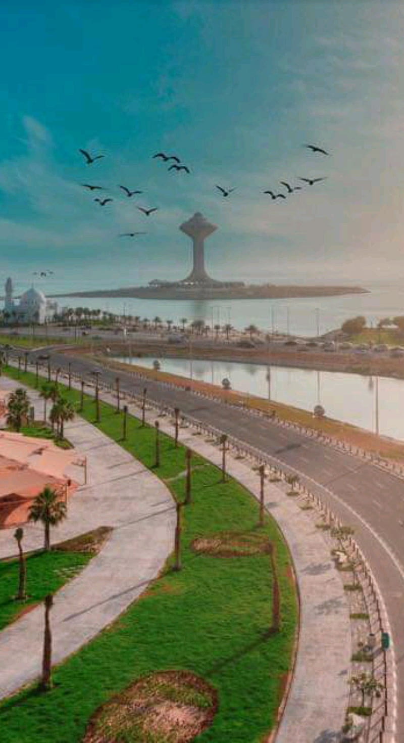 Khobar Cornich Tower, arabia, city, green, khobar, saudia, sea, tower, view, HD phone wallpaper