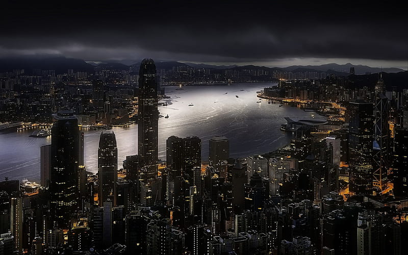 Hong Kong, night, skyscrapers, metropolis, bay, modern city, China, HD wallpaper
