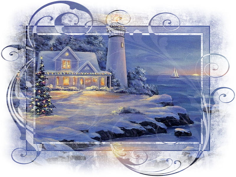Christmast on the Coast, christmas, snow, lighthouse, ocean, HD wallpaper