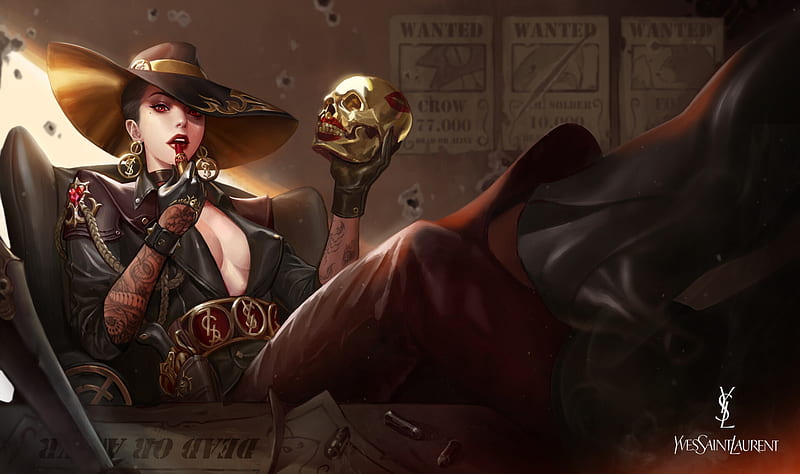 The Bounty Hunter, fantasy, girl, bounty hunter, seung gu, skull, bones, hat, art, luminos, dark, HD wallpaper