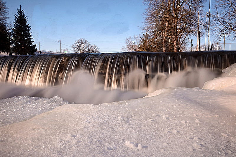 frigid falls, winter stream, winter falls, winter pond, snow falls, park falls, HD wallpaper
