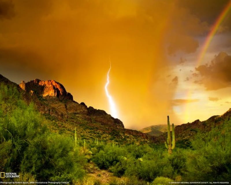 Lightning Over Superstition Mountain, mountain, strike, superstitious, mountains, thunderstorm, thunder, dessertm arizona, HD wallpaper