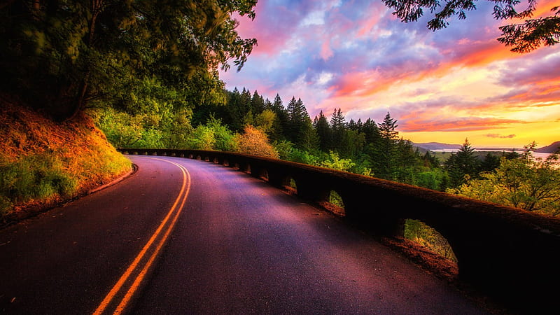 Colorful sunset over a mountain road, mountain, colors, sunset, road,  trees, HD wallpaper | Peakpx