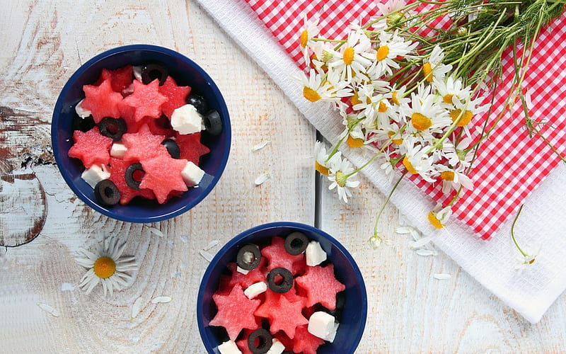 *, stars, table, ice-cream bowls, daisies, black olives, cheese, love, flowers, Watermelon, salad, HD wallpaper