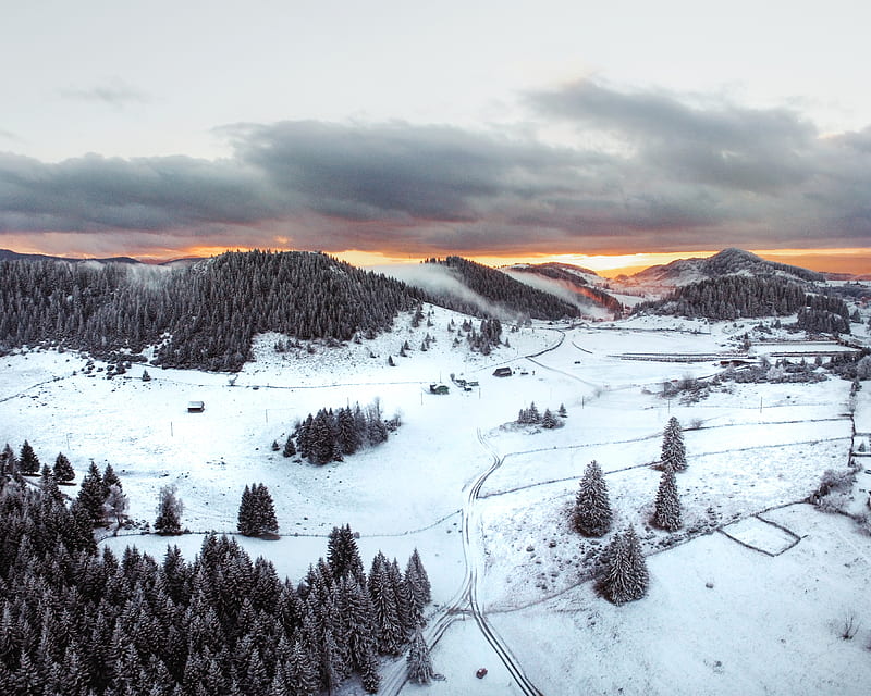 hills, snowy, aerial view, winter, landscape, HD wallpaper