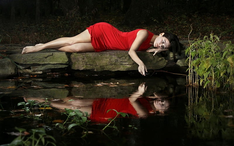 Reflections, red, dress, black, woman, lake, brunette, water, girl, green, HD wallpaper