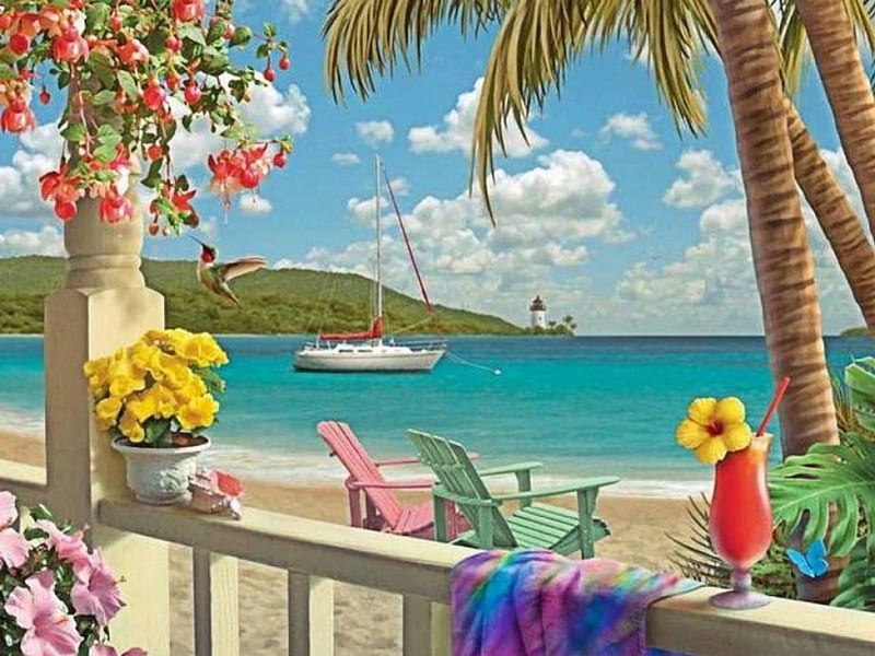 Dreaming beach, beach, calm, Summer, fresh, Coctail, Palms, flowers, sunny, HD wallpaper