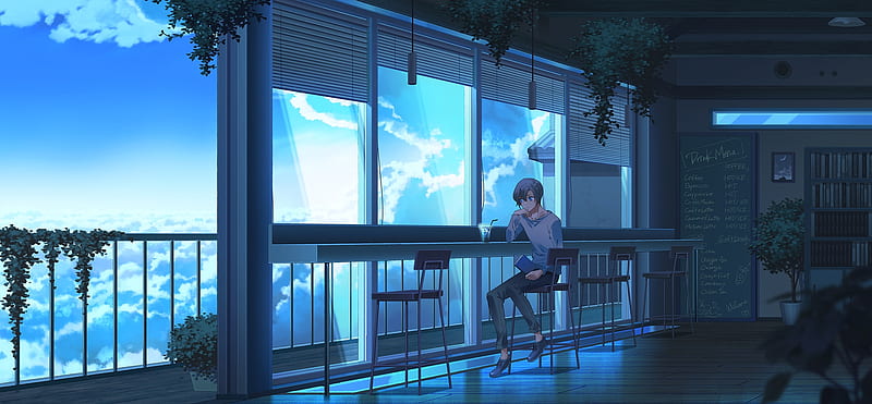 anime boy, cafe, clouds, balcony, Anime, HD wallpaper