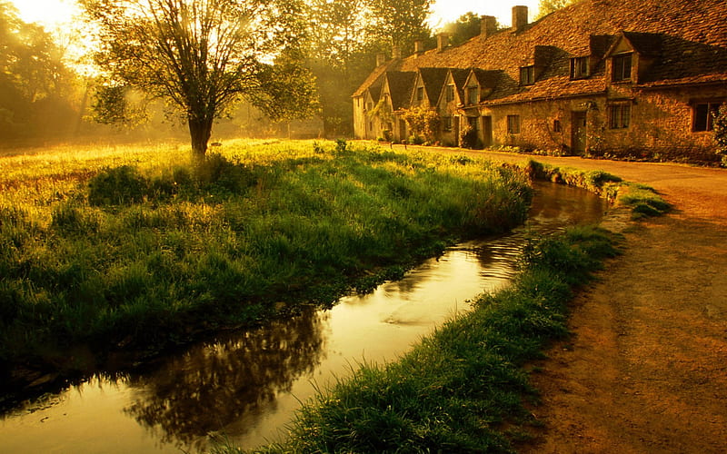British countryside in the morning, Stream, River, Grass, Tree, Brook, House, Cottage, HD wallpaper
