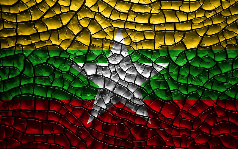 Flag of Myanmar cracked soil, Asia, Myanmar flag, 3D art, Myanmar, Asian countries, national symbols, Myanmar 3D flag, HD wallpaper