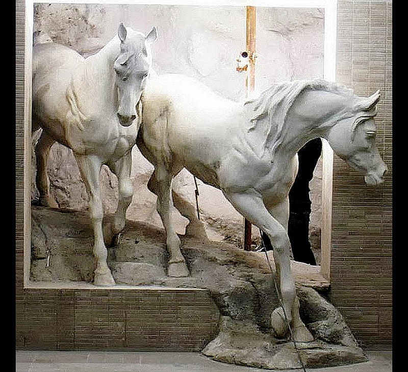 Marble Horses Stepping Out Of A Wall, Carving, Stone, Horses, Marble, HD wallpaper