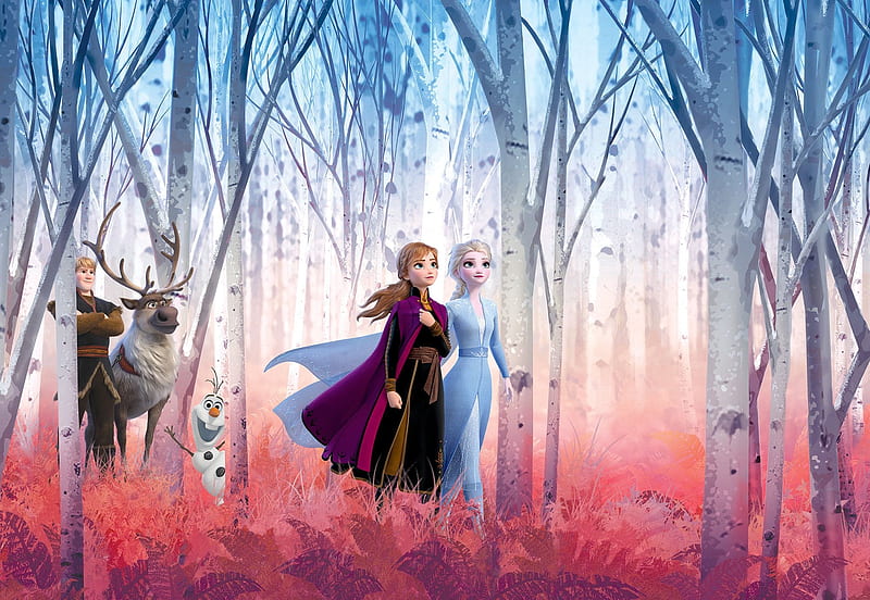 Frozen II (2019), frozen 2, princess, poster, forest, anna, autumn, movie, elsa, fantasy, tree, snow queen, reindeer, pink, disney, HD wallpaper